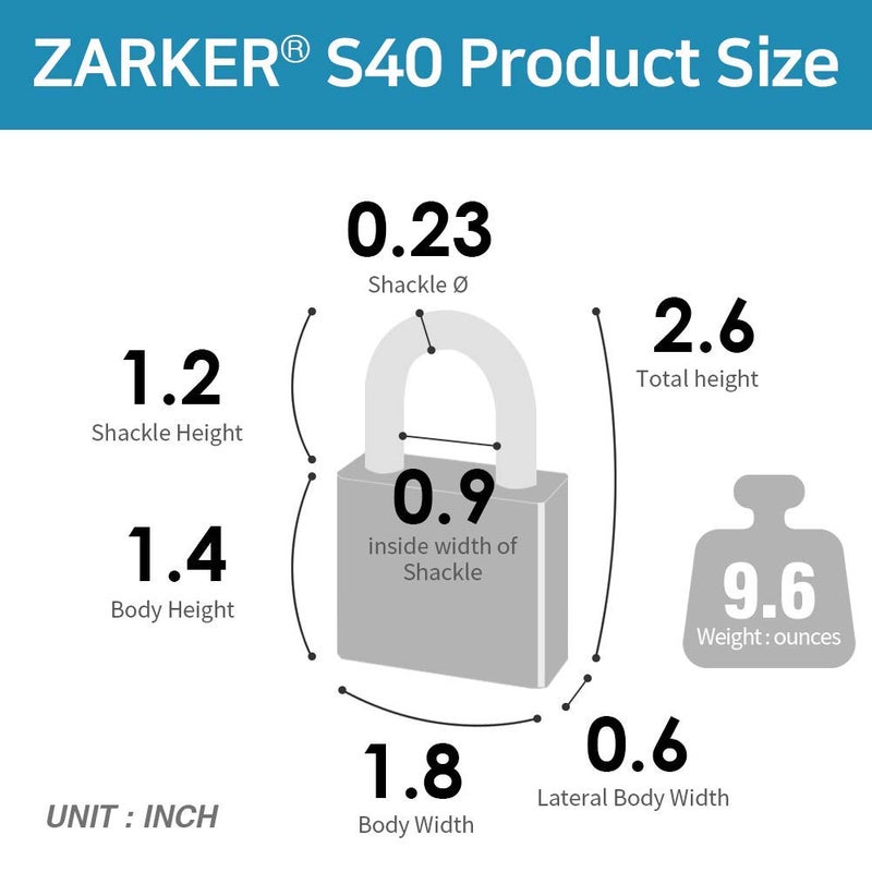 Zarker S40 keyed Padlock, Heavy Duty Stainless Steel Lock, Waterproof and Rustproof Storage, Warehouses, Garage, Outdoors, 1-Pack - Image 4